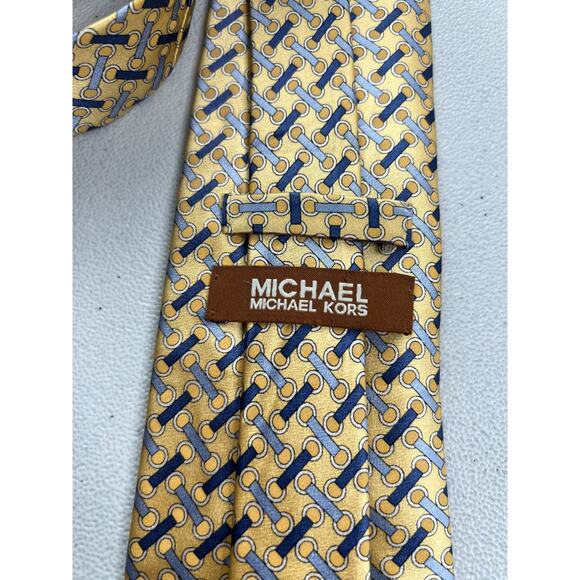 Michael Kors Gold, Blue Geometric Pattern 100% Silk Made in USA Tie NWOT - Picture 5 of 7
